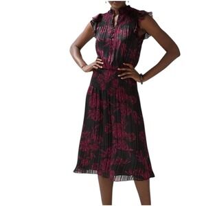 WHITE HOUSE BLACK MARKET Dress Black Red Floral Ruffle Sleeve Smocked EUC XS‎